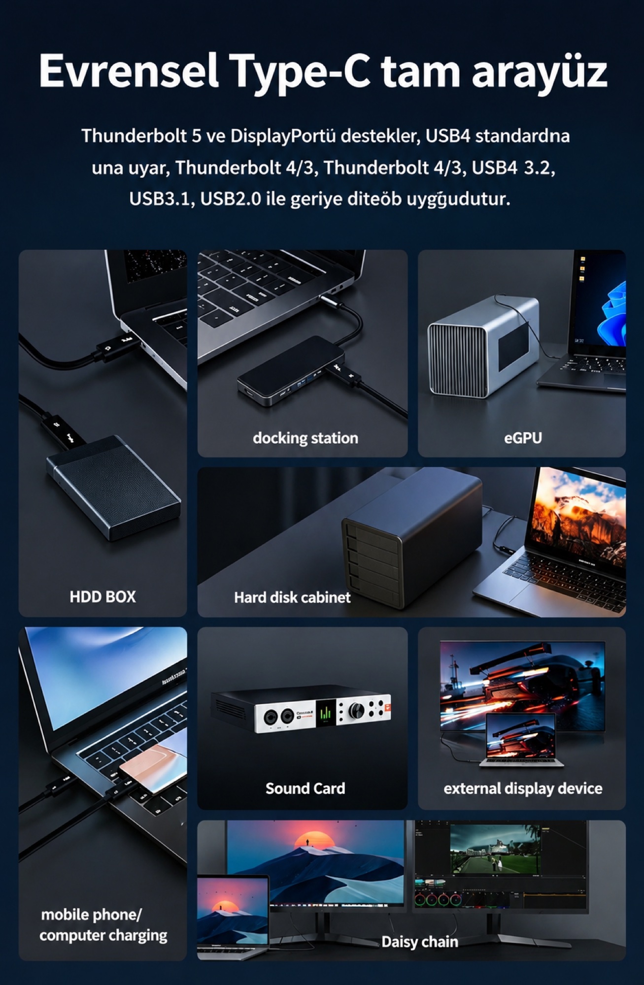 Thunderbolt 5 Kablo 240W / 80Gbps Örgülü USB-C, 200cm Siyah - 6