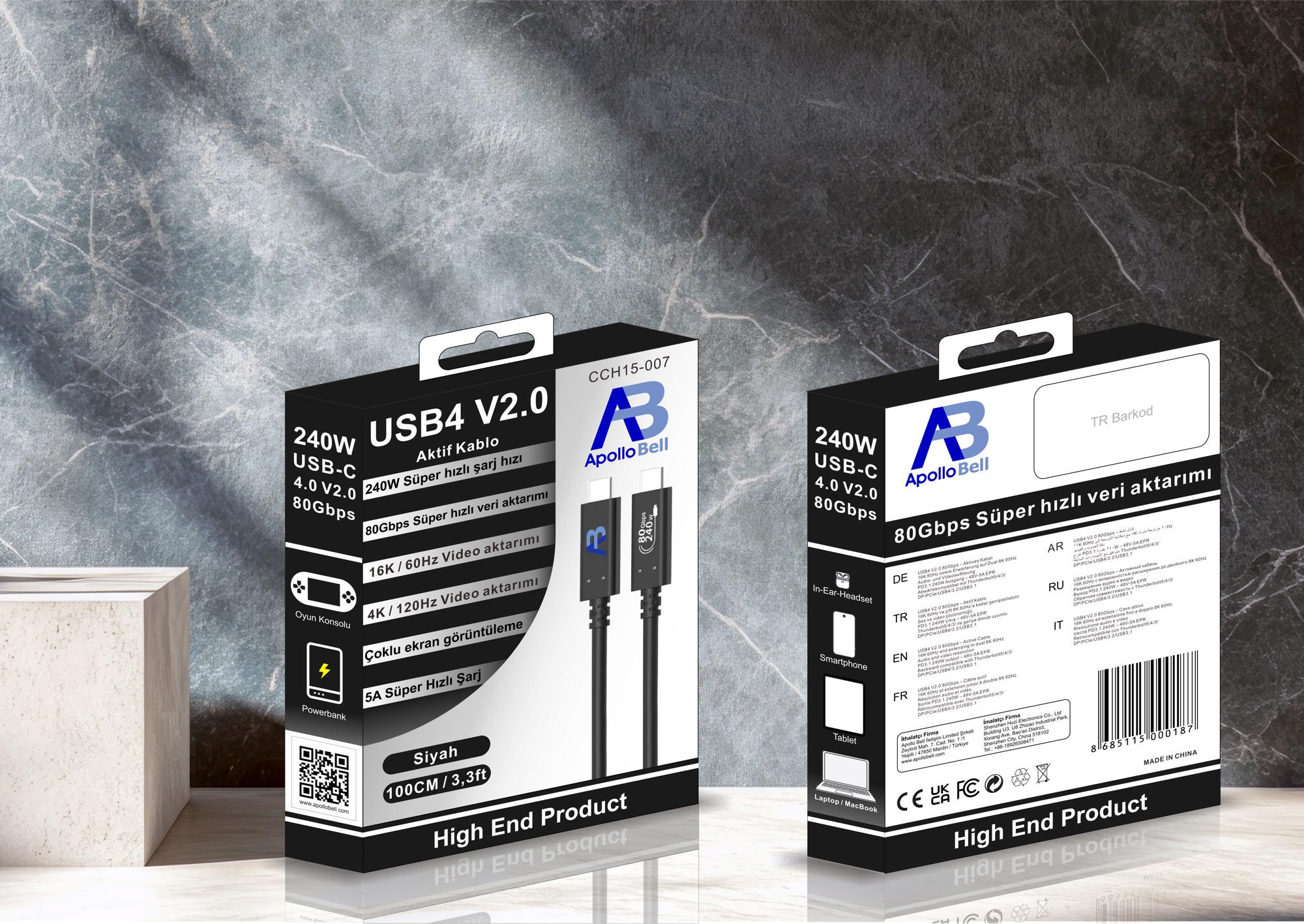 USB4 V2.0 Aktif Kablo 240W / 80Gbps USB-C, 1,0m Siyah - 6