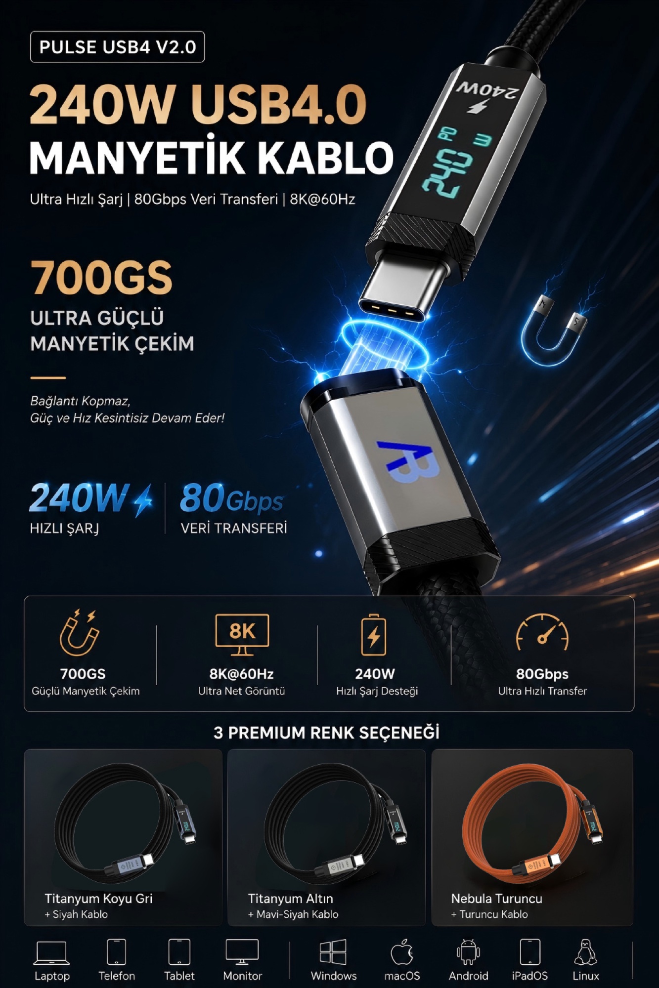 USB4 V2.0 Manyetik Kablo 240W / 80Gbps Dijital Ekranlı Örgülü USB-C, 150cm Siyah - 5