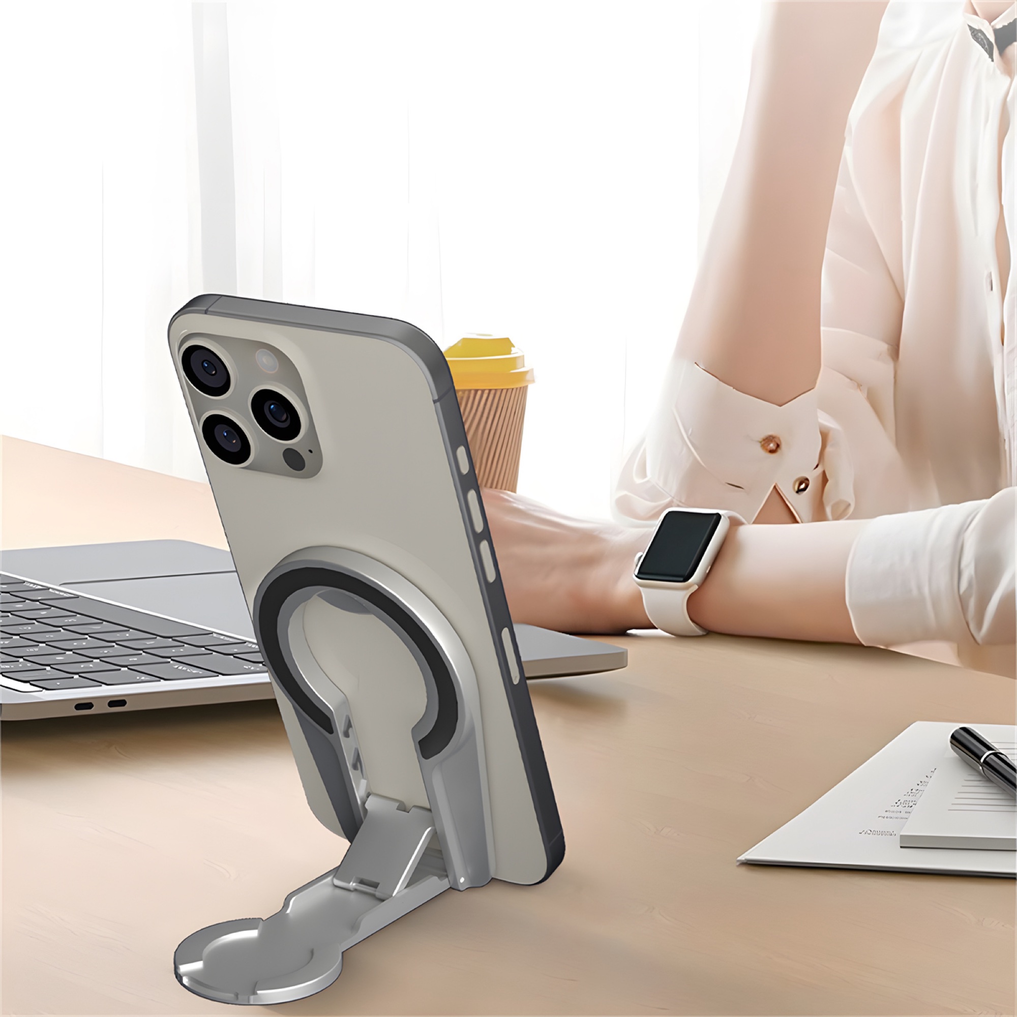 Çift Taraflı Manyetik Katlanabilir Telefon ve Tablet Standı, Ayarlanabilir Açı - Gümüş - 8