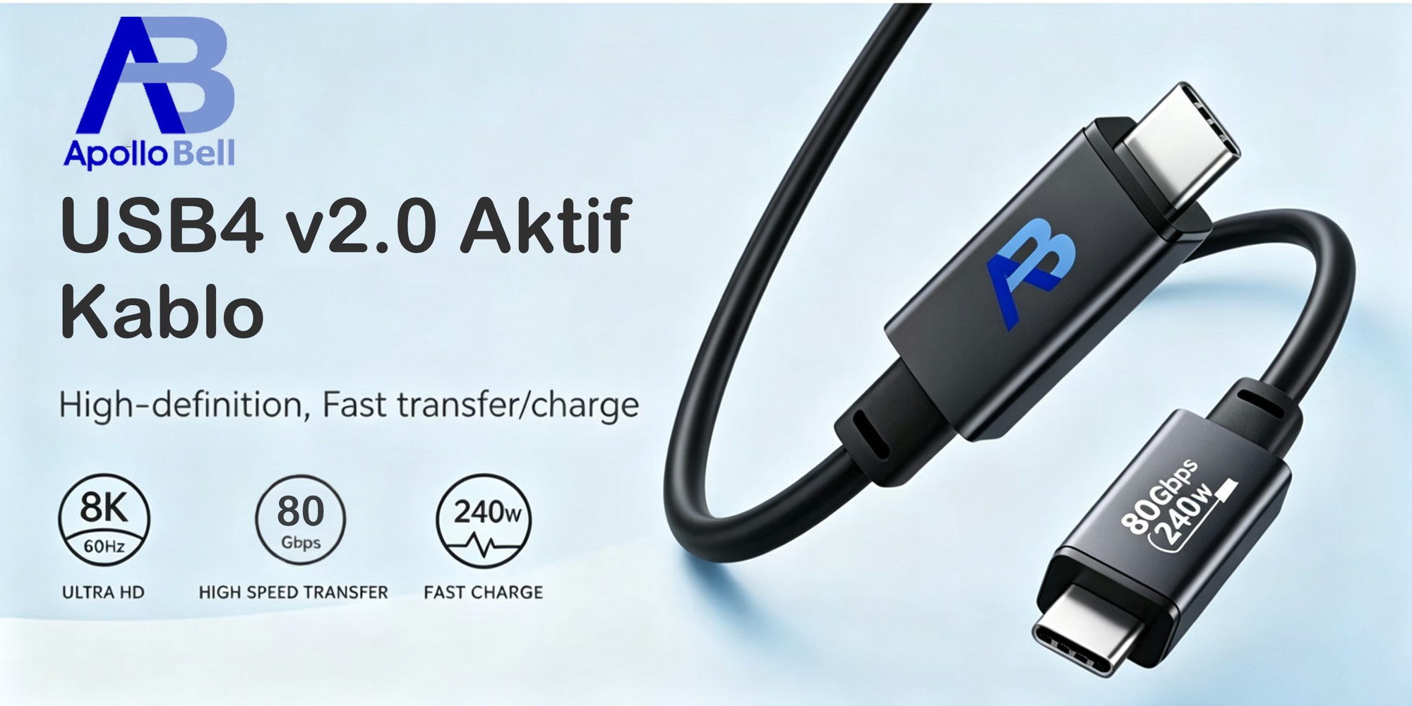 USB4 V2.0 Aktif Kablo 240W / 80Gbps USB-C, 1,0m Siyah - 2