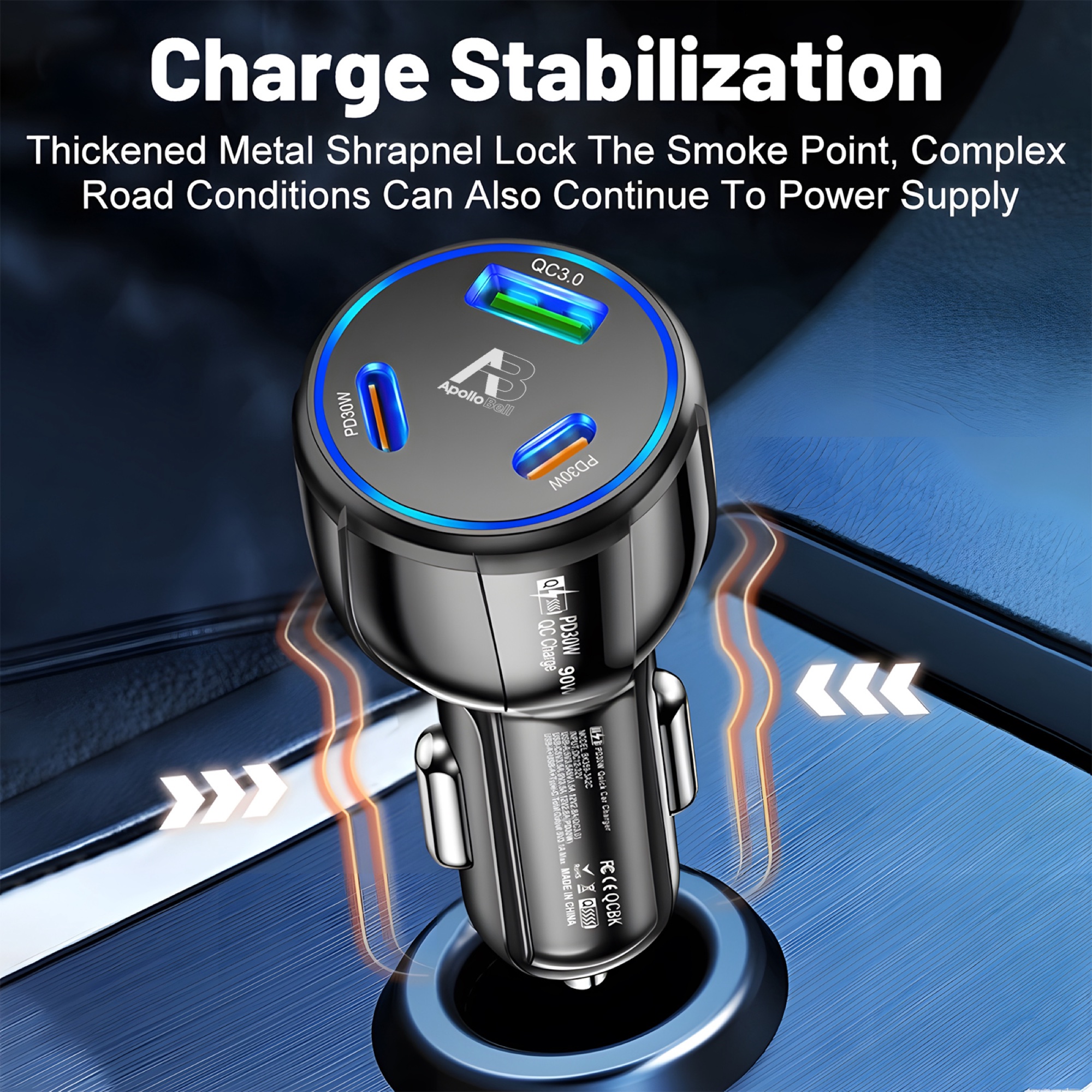 90W 3 Portlu Araç Şarj Cihazı, QC3.0 USB-A + 2x 30W USB-C PD, Beyaz - 6