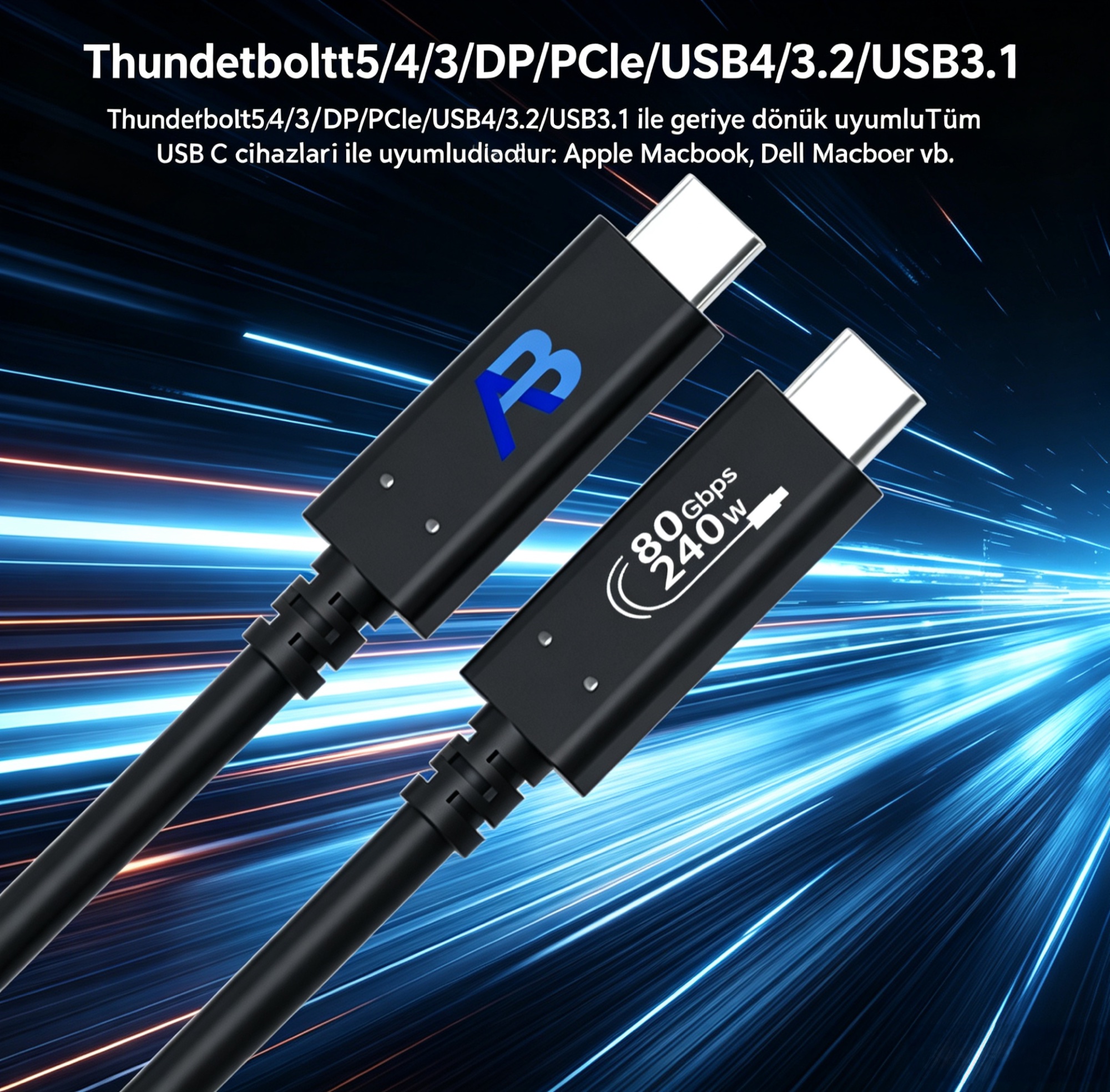 USB4 V2.0 Aktif Kablo 240W / 80Gbps USB-C, 1,5m Siyah - 3