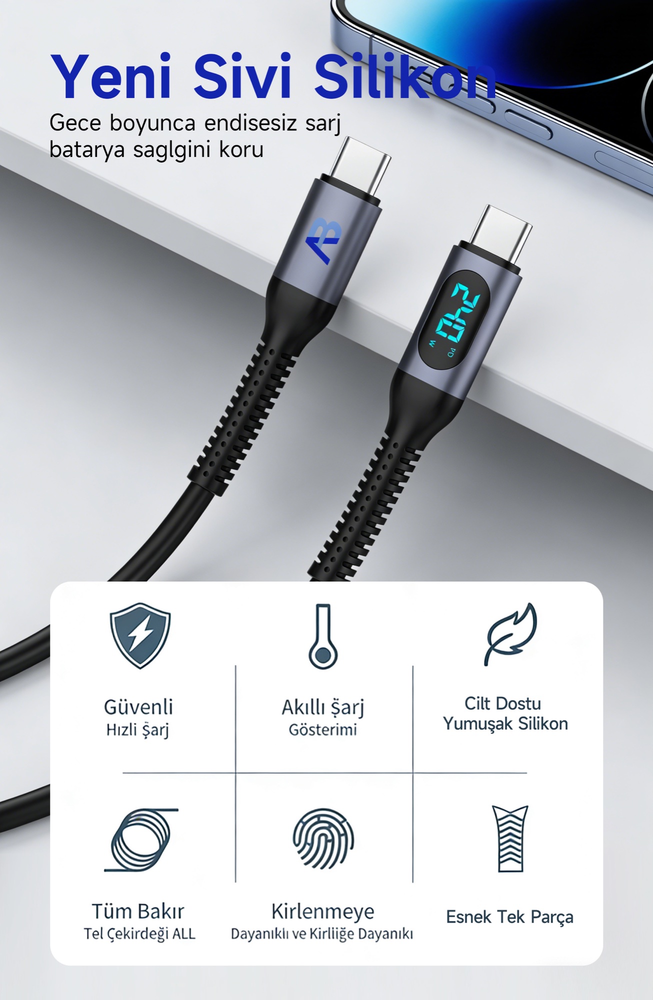 240W Ekran Göstergeli USB-C Şarj Kablosu + Seyahat Tutucu Seti, 200cm Beyaz - 7