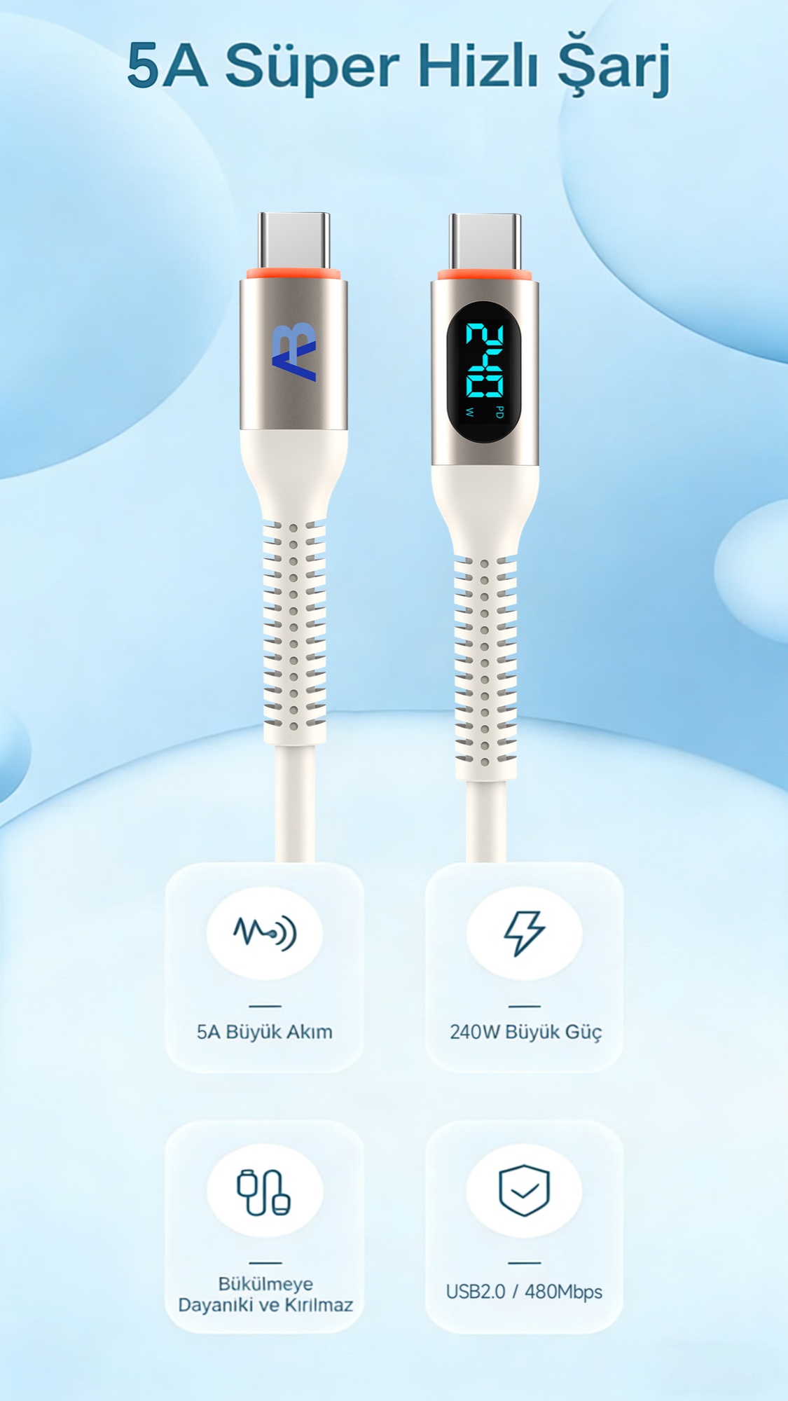 240W USB-C Şarj Kablosu + Seyahat Tutucusu Seti, LED Güç Göstergeli, 150cm Siyah - 5