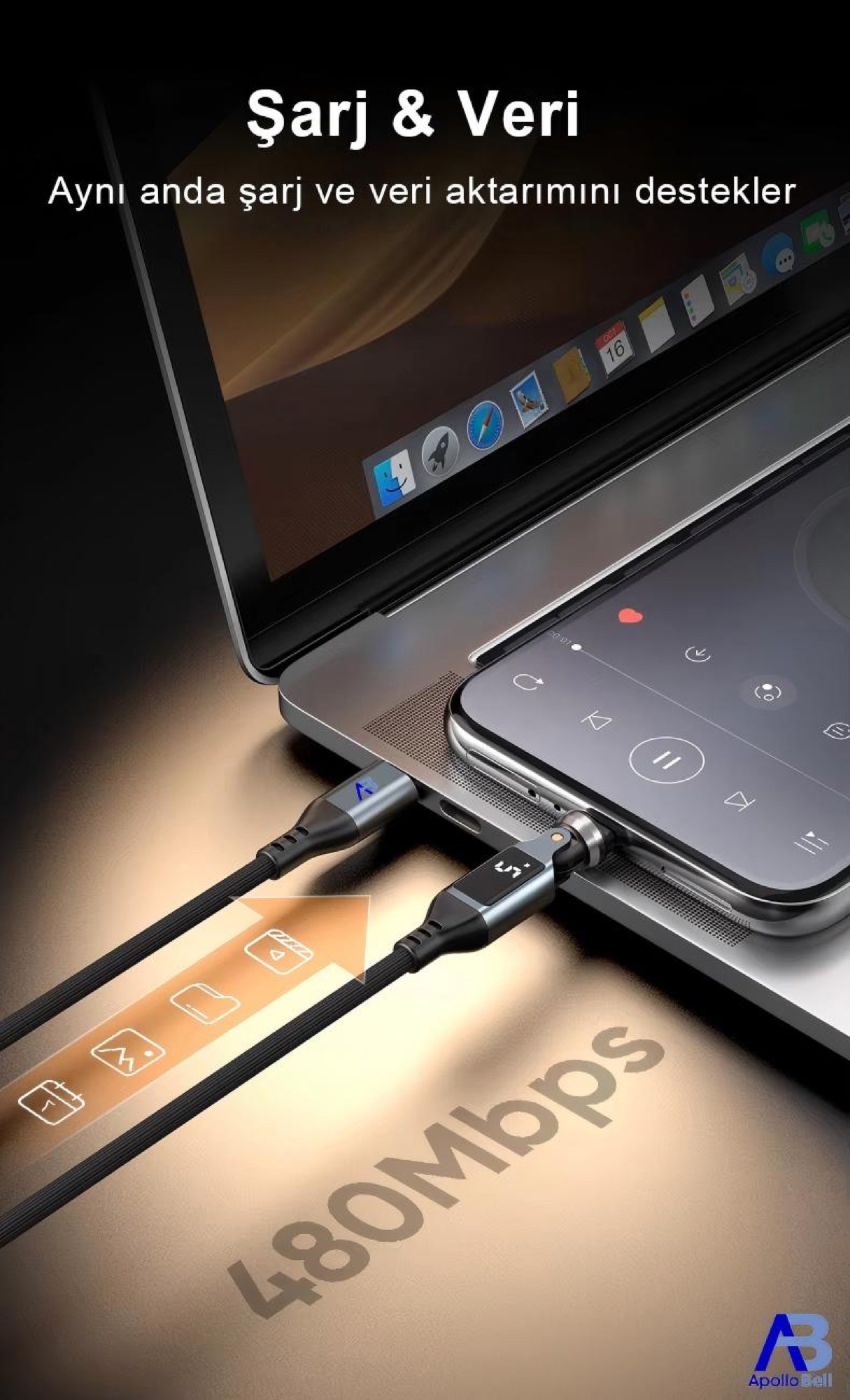 240W Dijital Ekranlı 540° Dönebilen USB-C Kablo, 100cm Siyah - 7