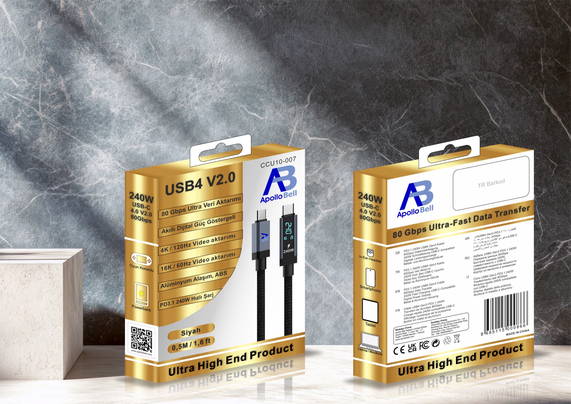 USB4 V2.0 Kablo 240W / 80Gbps Dijital Ekranlı Örgülü USB-C, 50cm Siyah