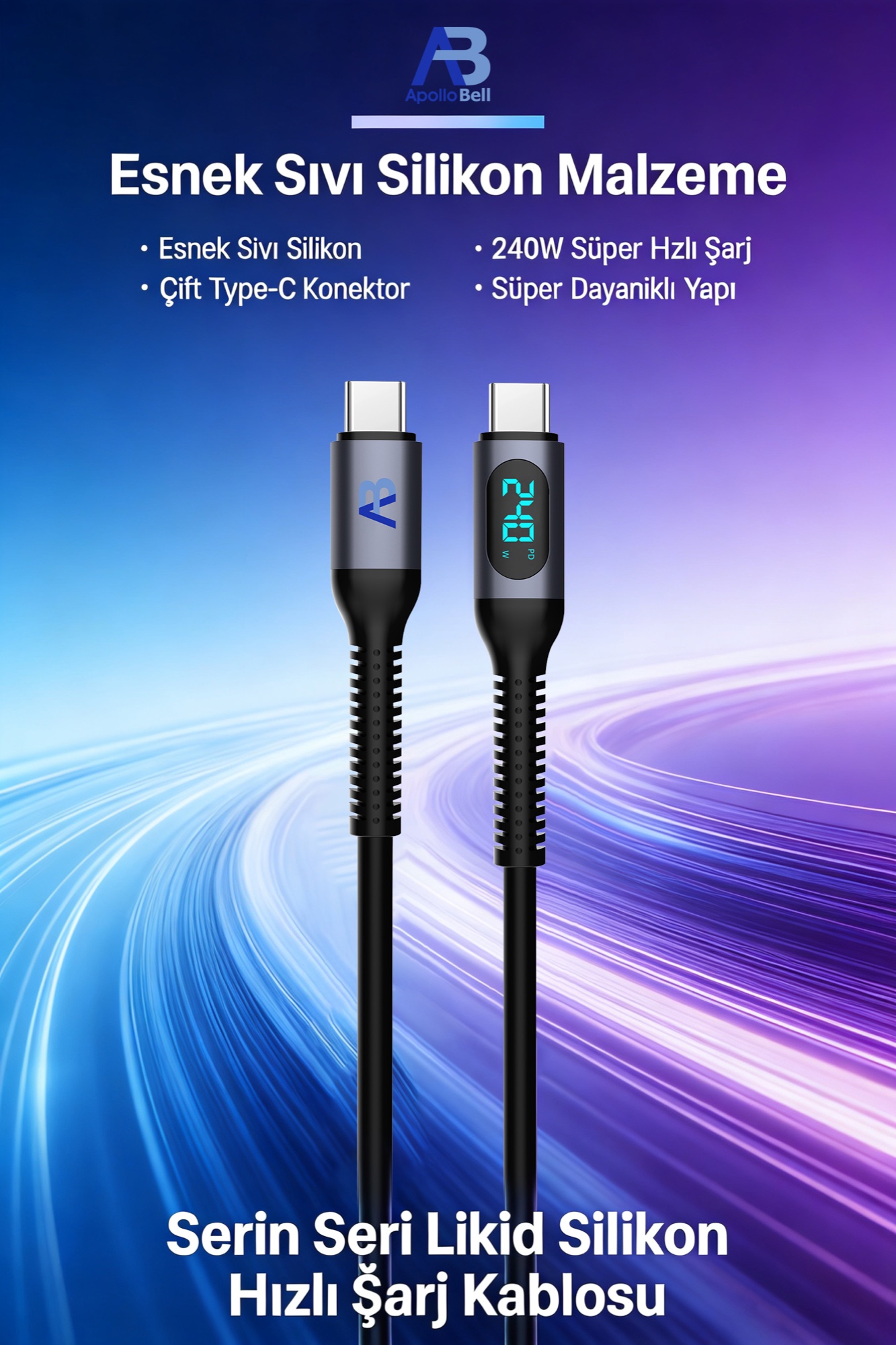 240W Ekranlı USB-C Hızlı Şarj ve Data Kablosu, Sıvı Silikon, 20cm Beyaz - 2