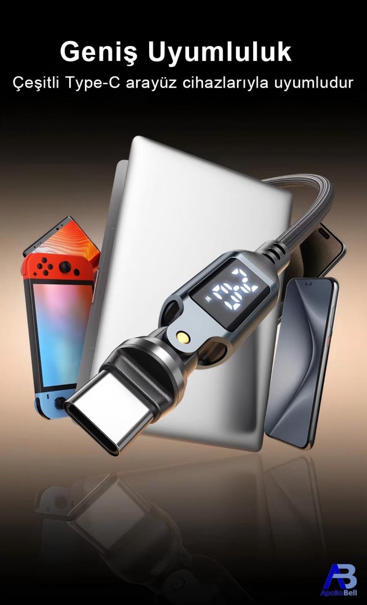 240W Dijital Ekranlı 540° Dönebilen USB-C Kablo, 50cm Siyah - 2