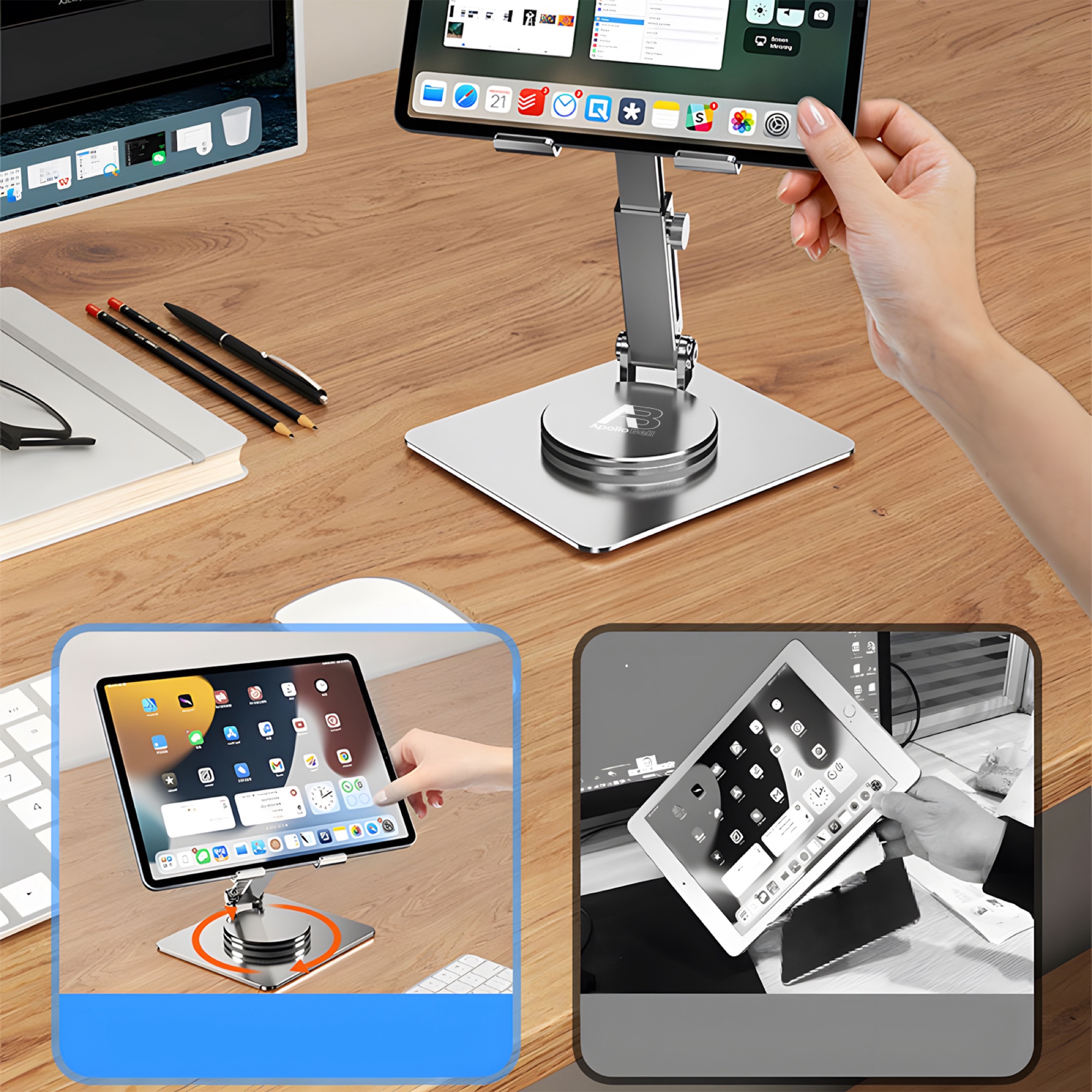 Katlanabilir Teleskopik Telefon ve Tablet Standı, Alüminyum 360° Döner - Koyu Gri - 4