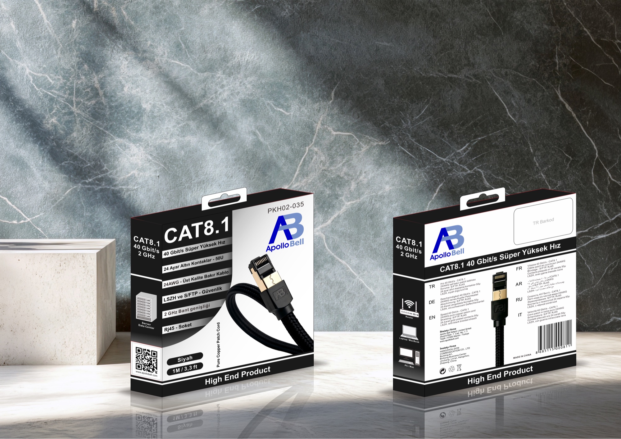 CAT8.1 S/FTP RJ45 Ağ Kablosu 40Gbit/s / 2GHz, 24AWG Saf Bakır, Örgülü LSZH, 1m Siyah - 4
