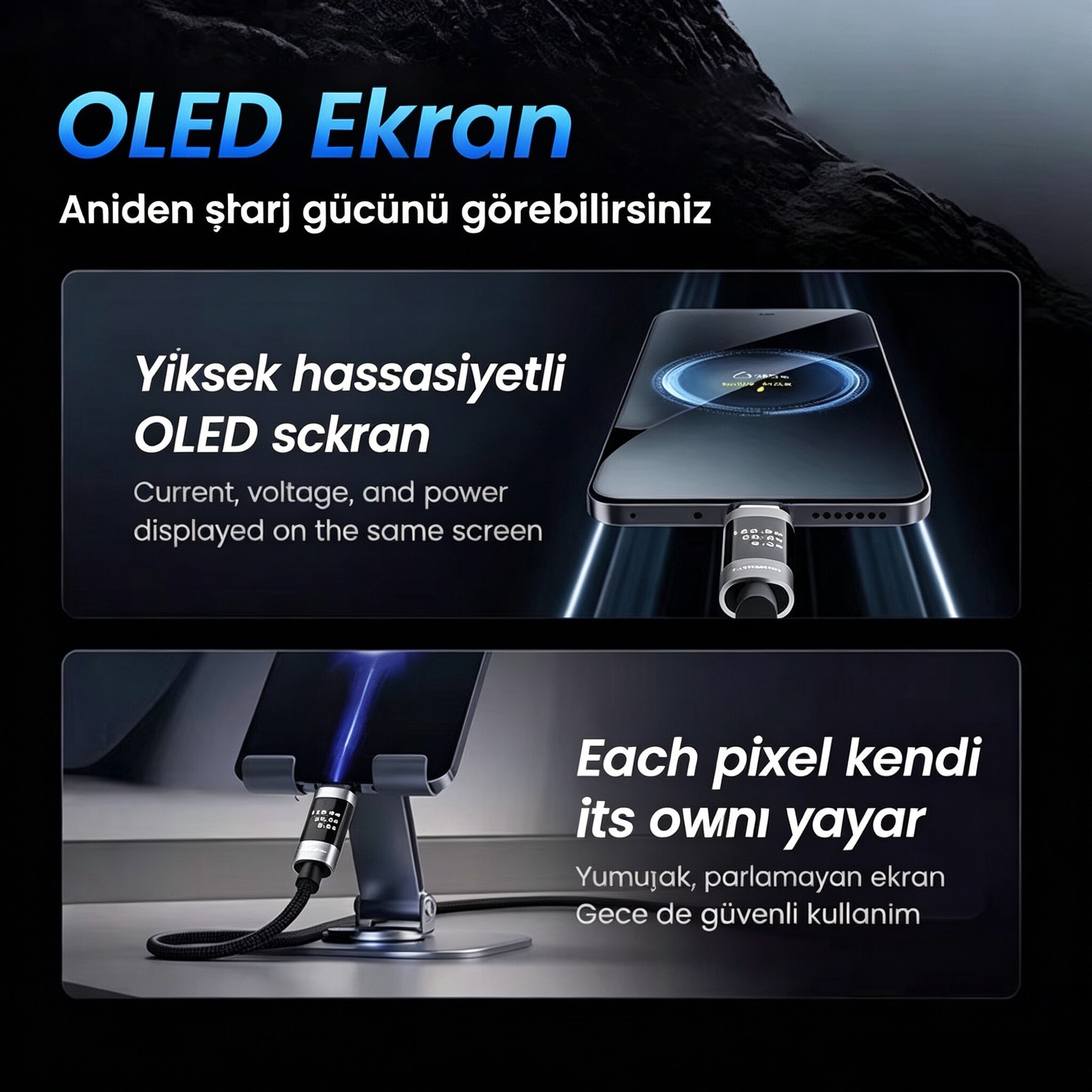 USB4 Gen3 Kablo 240W / 40Gbps OLED Ekranlı Örgülü USB-C, 1m Turuncu - 4