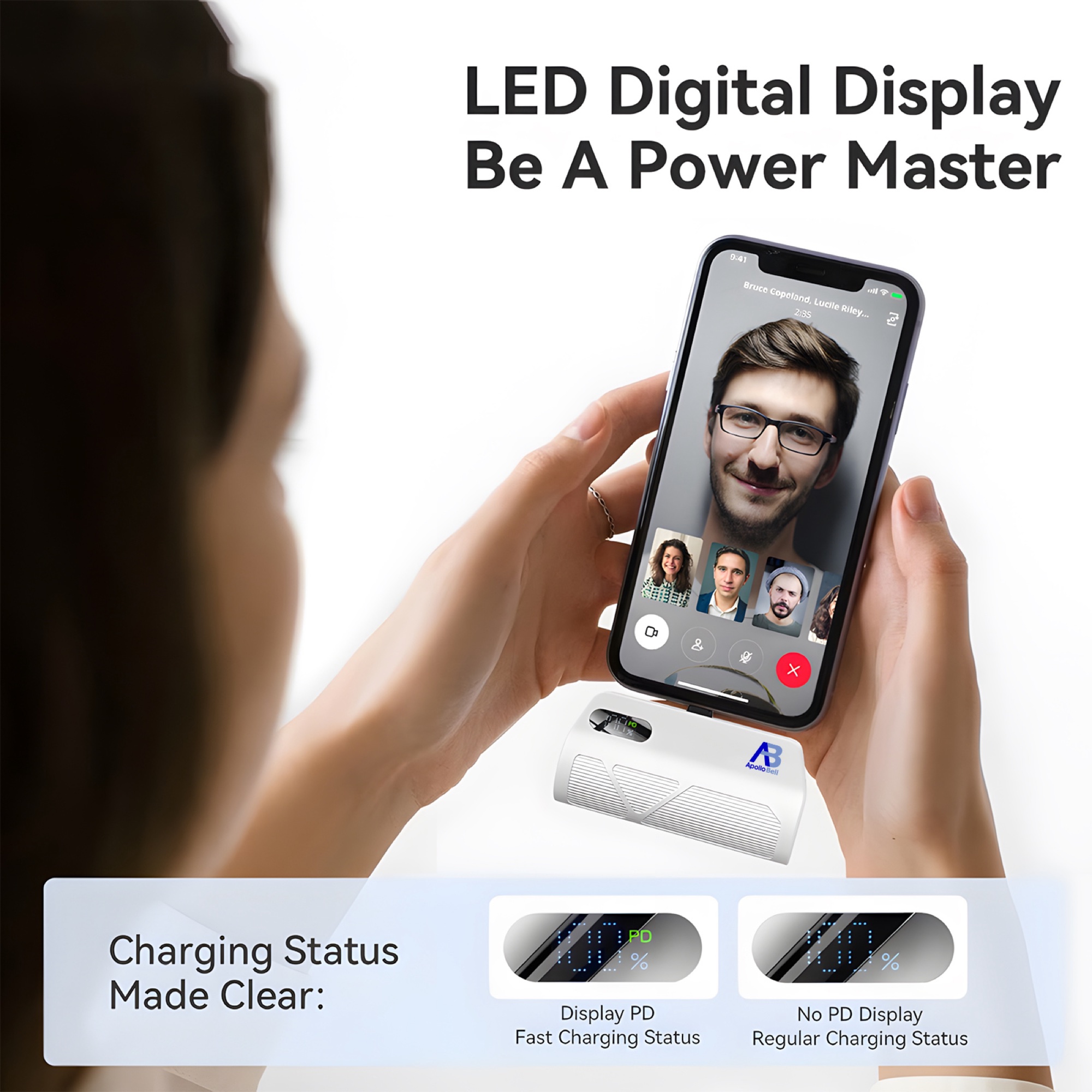 5.000mAh Mini Powerbank, USB-C & Lightning Çift Çıkışlı, Dijital Ekran, Beyaz - 5