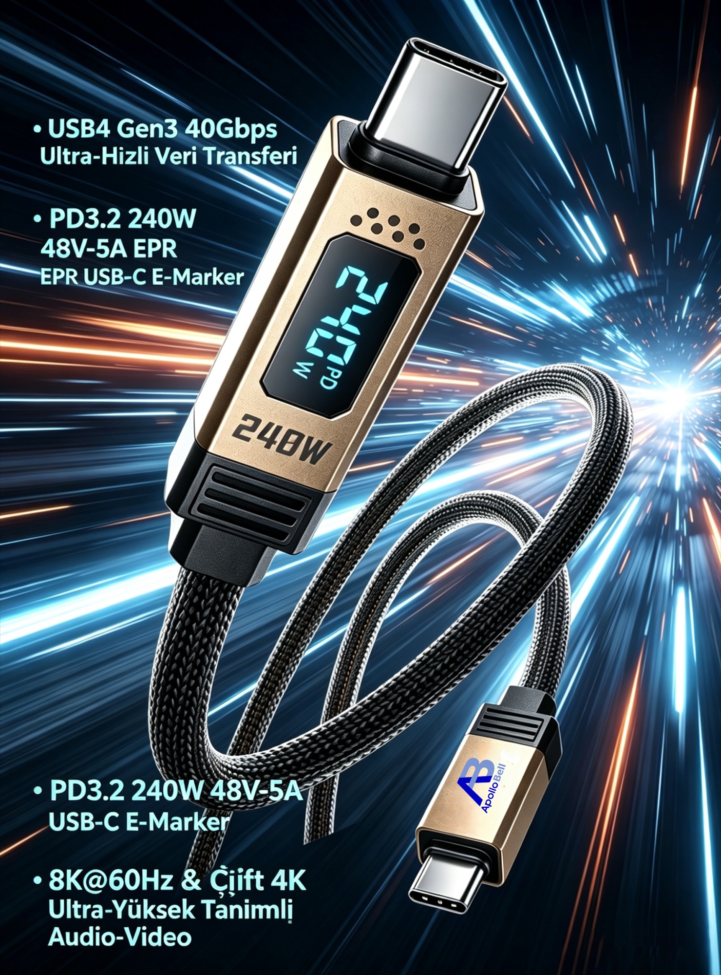USB4 Gen3 Kablo 240W / 40Gbps Dijital Ekranlı Örgülü USB-C, 50cm Siyah - 2