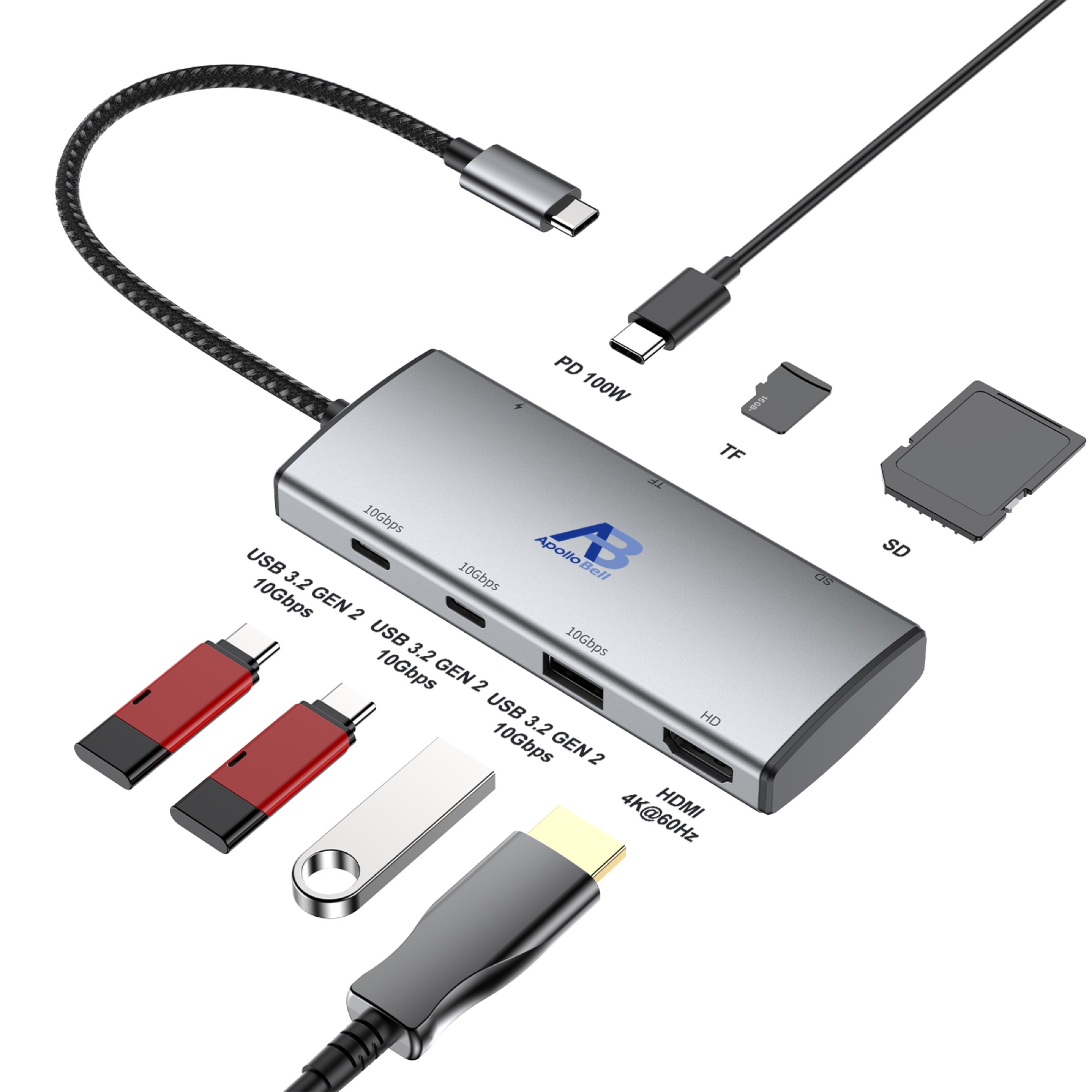 7 Portlu USB-C Docking Station 10Gbps, 4K@60Hz HDMI, 100W PD, SD/TF, Gri - 2