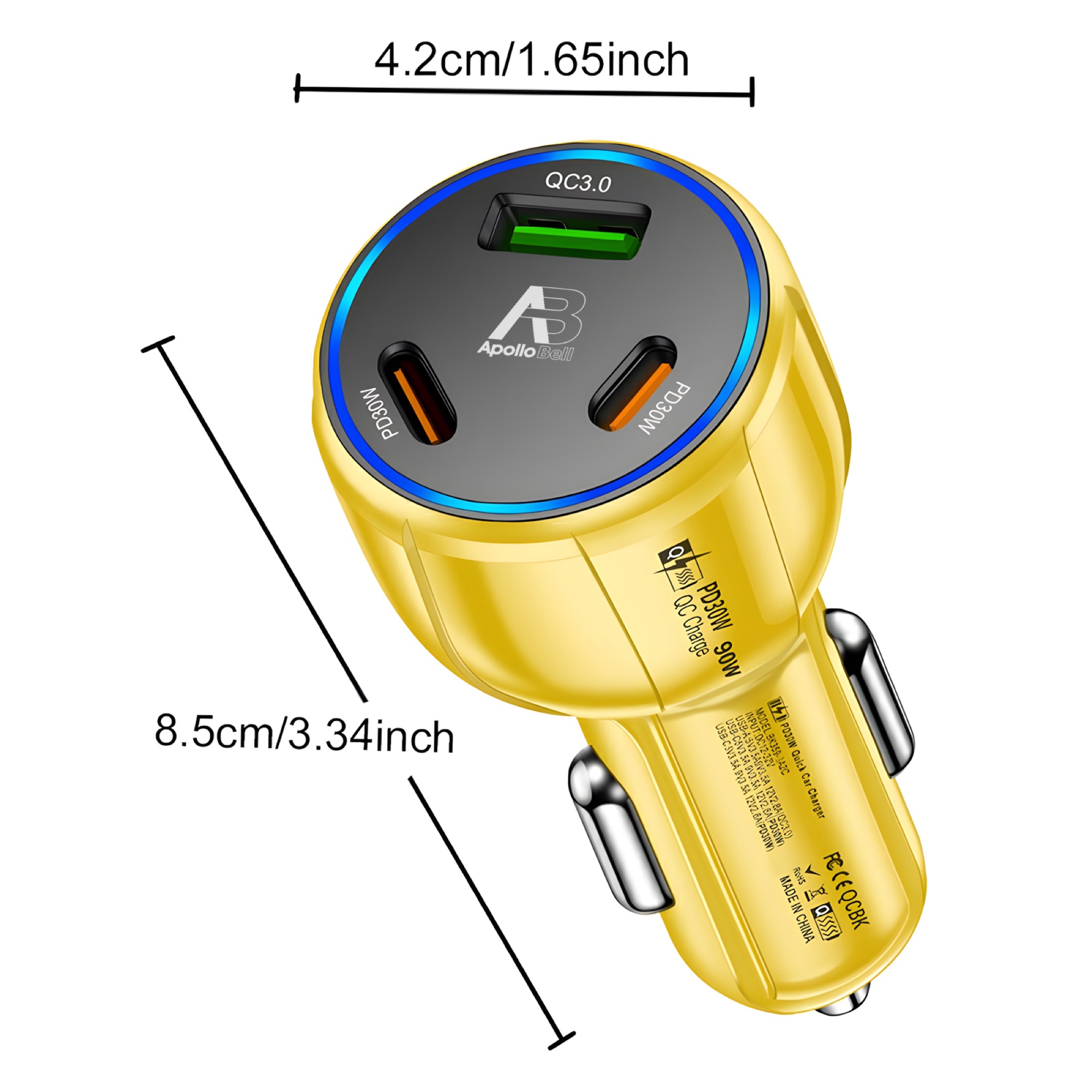 90W 3 Portlu Araç Şarj Cihazı, QC3.0 USB-A + 2x 30W USB-C PD, Sarı - 8