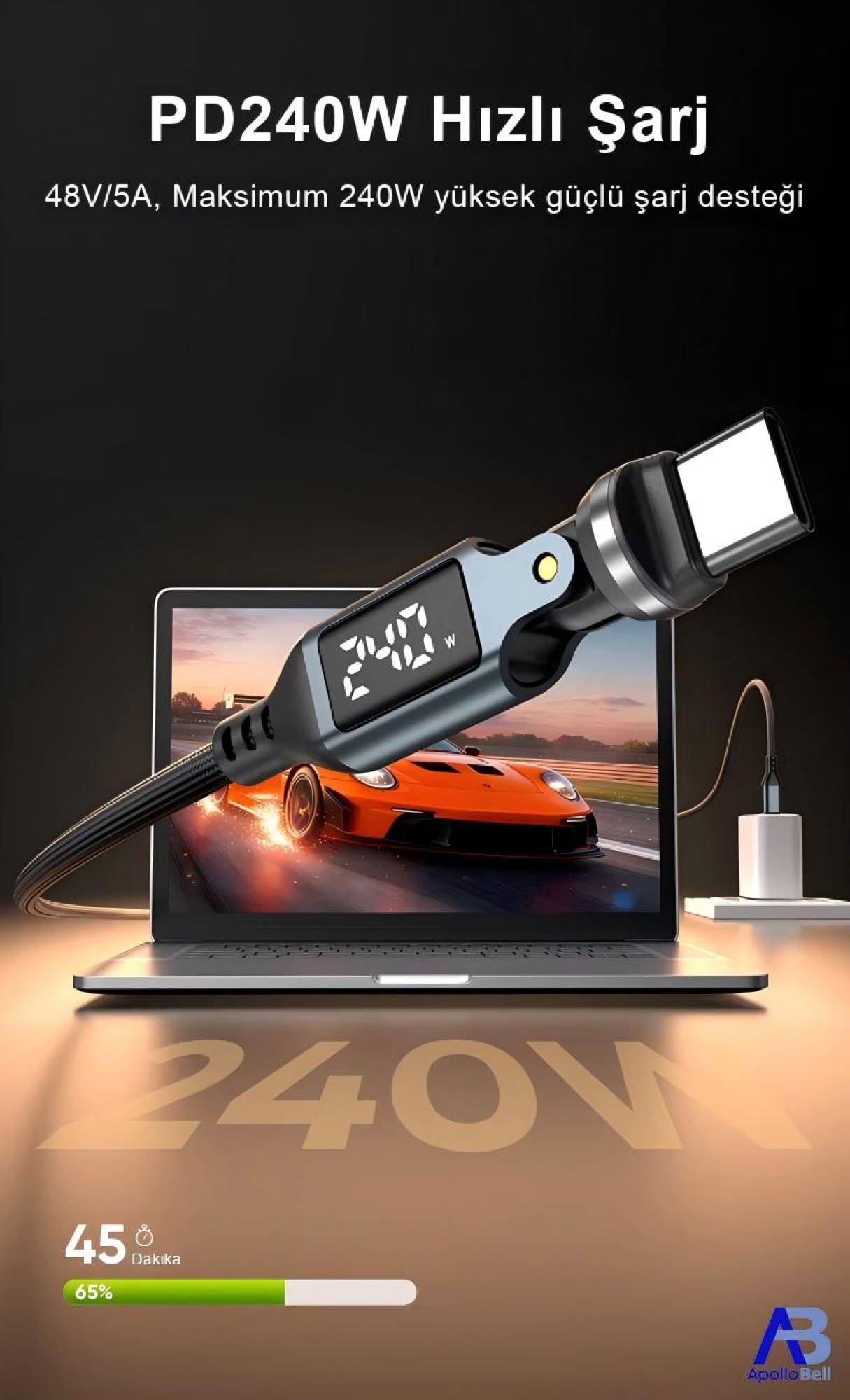 240W Dijital Ekranlı 540° Dönebilen USB-C Kablo, 150cm Siyah - 3