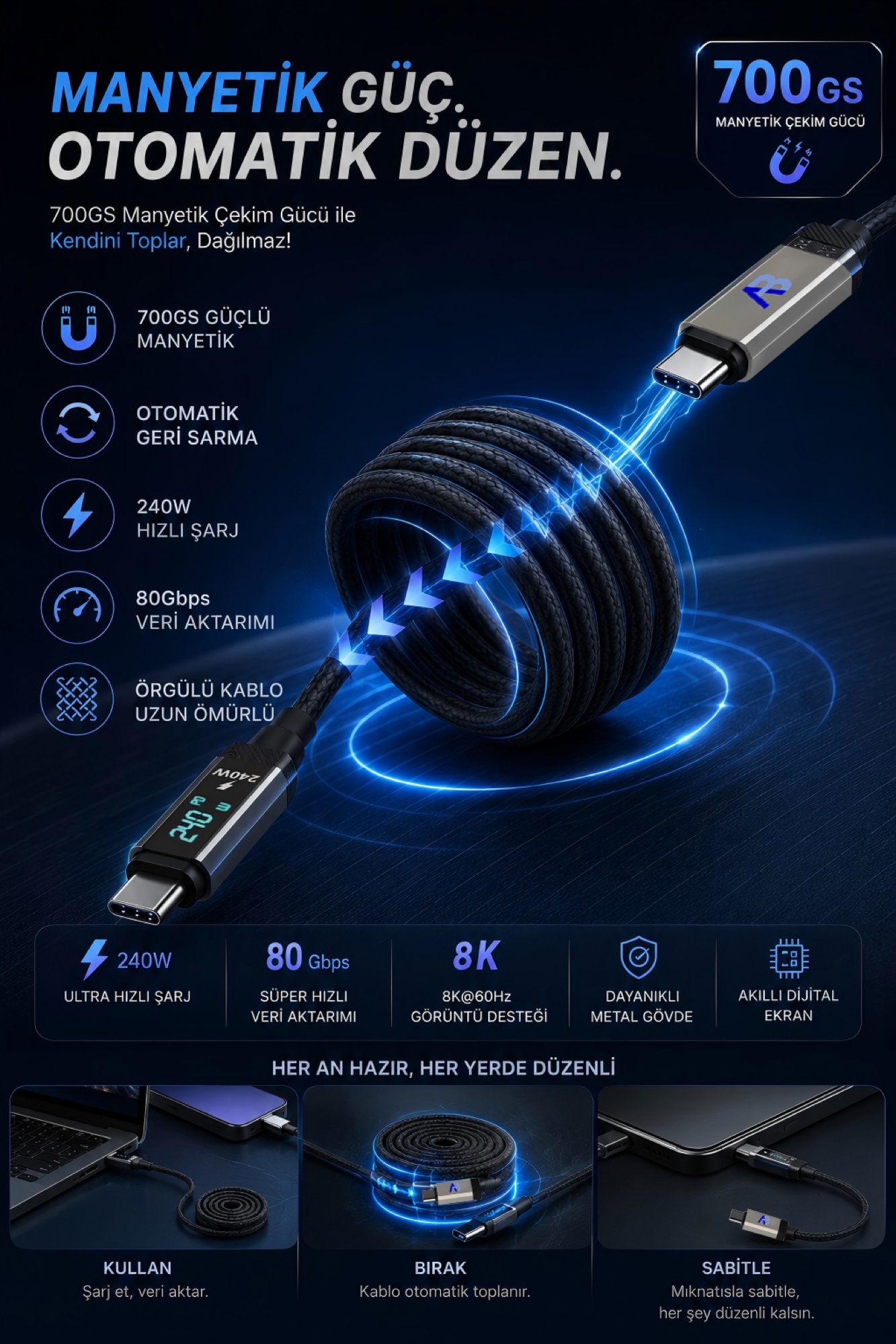 USB4 V2.0 Manyetik Kablo 240W / 80Gbps Dijital Ekranlı Örgülü USB-C, 100cm Siyah - 6