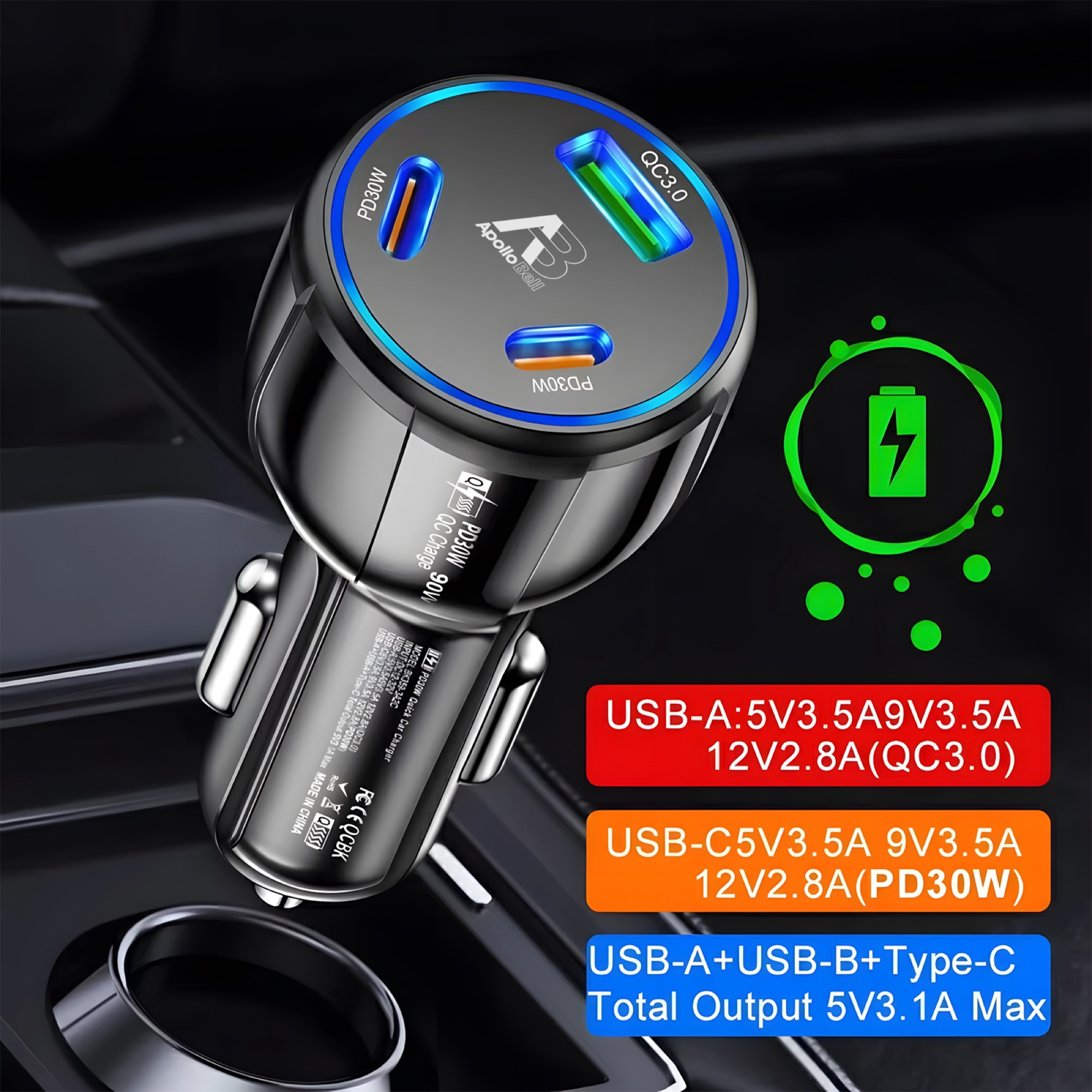 90W 3 Portlu Araç Şarj Cihazı, QC3.0 USB-A + 2x 30W USB-C PD, Sarı - 3