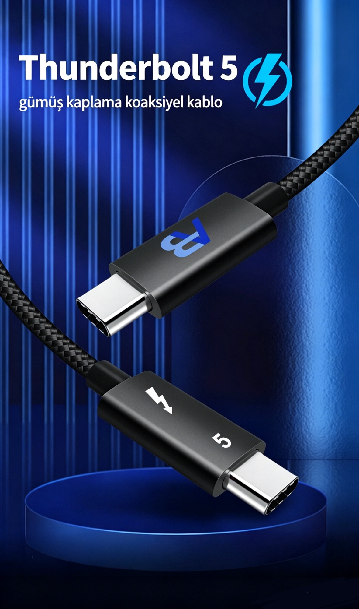 Thunderbolt 5 Kablo 240W / 80Gbps Örgülü USB-C, 200cm Siyah - 5
