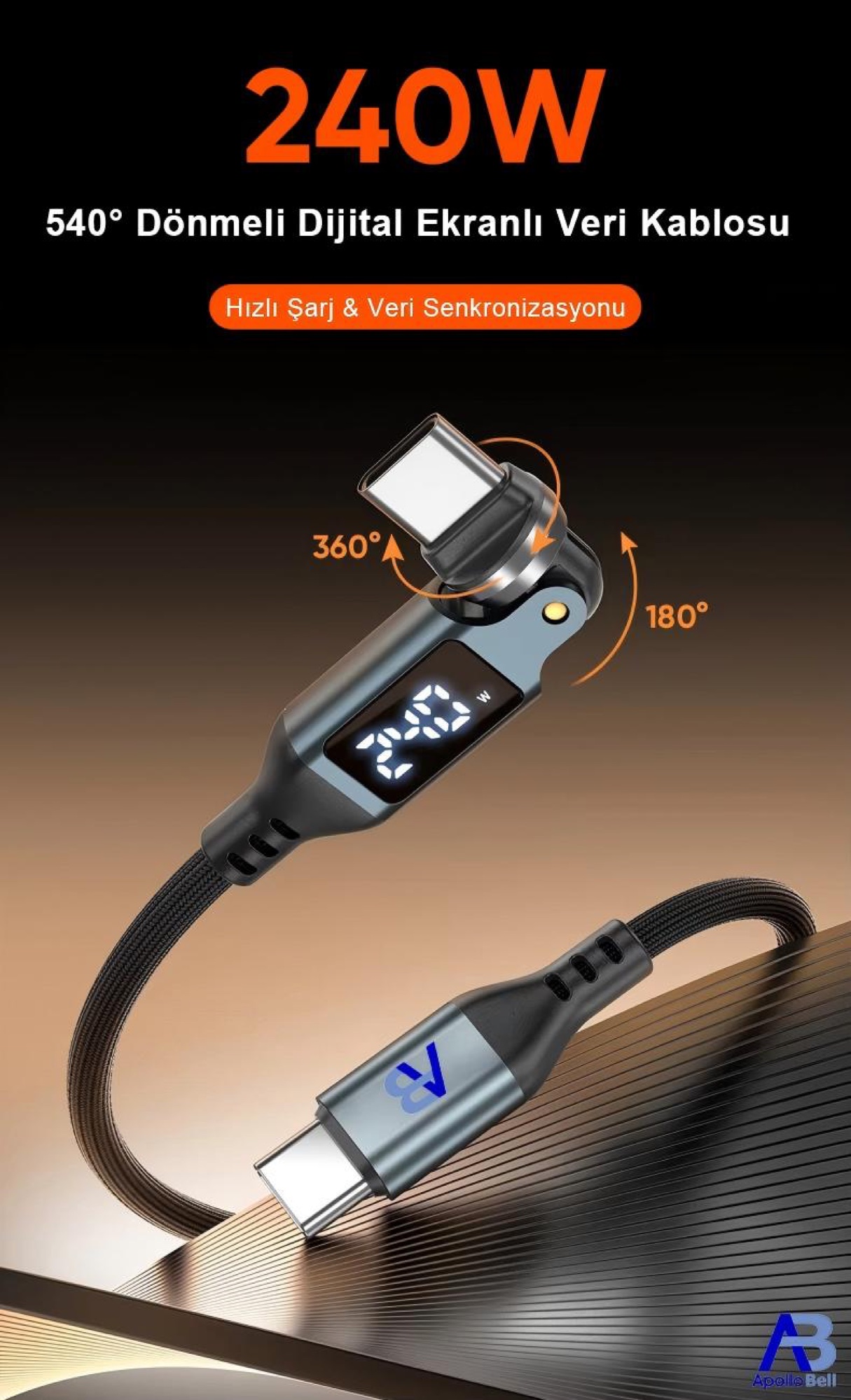 240W Dijital Ekranlı 540° Dönebilen USB-C Kablo, 100cm Siyah - 4