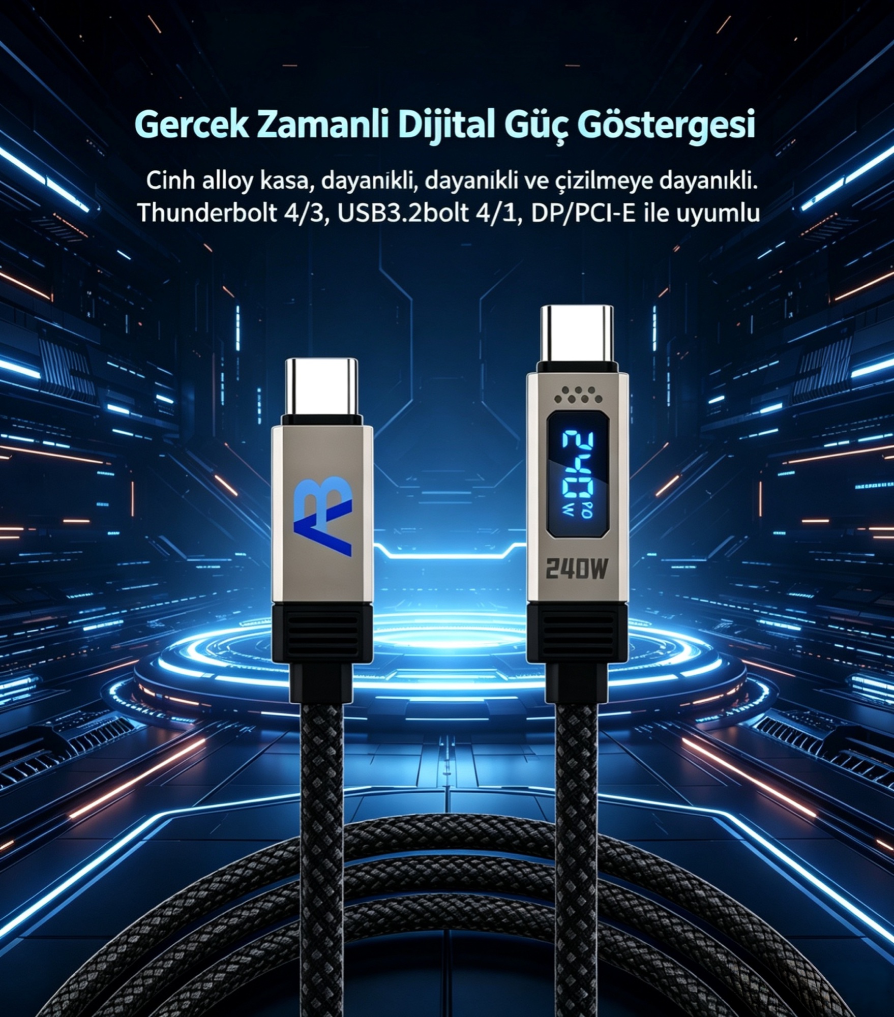 USB4 Gen 3 Kablo 240W / 40Gbps Dijital Ekranlı Örgülü USB-C, 150cm Siyah
