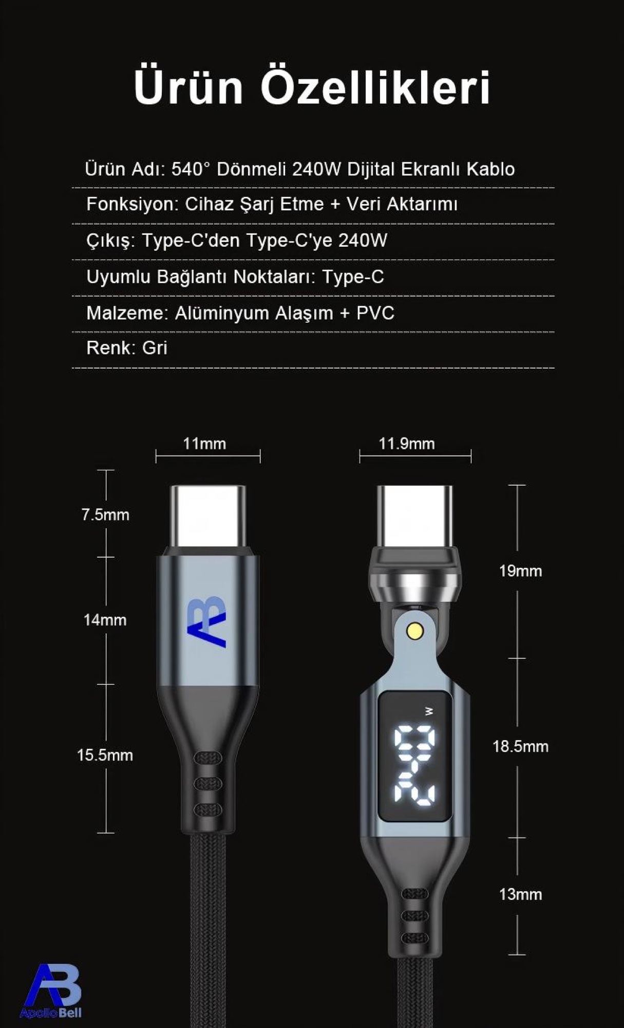 240W Dijital Ekranlı 540° Dönebilen USB-C Kablo, 150cm Siyah - 6