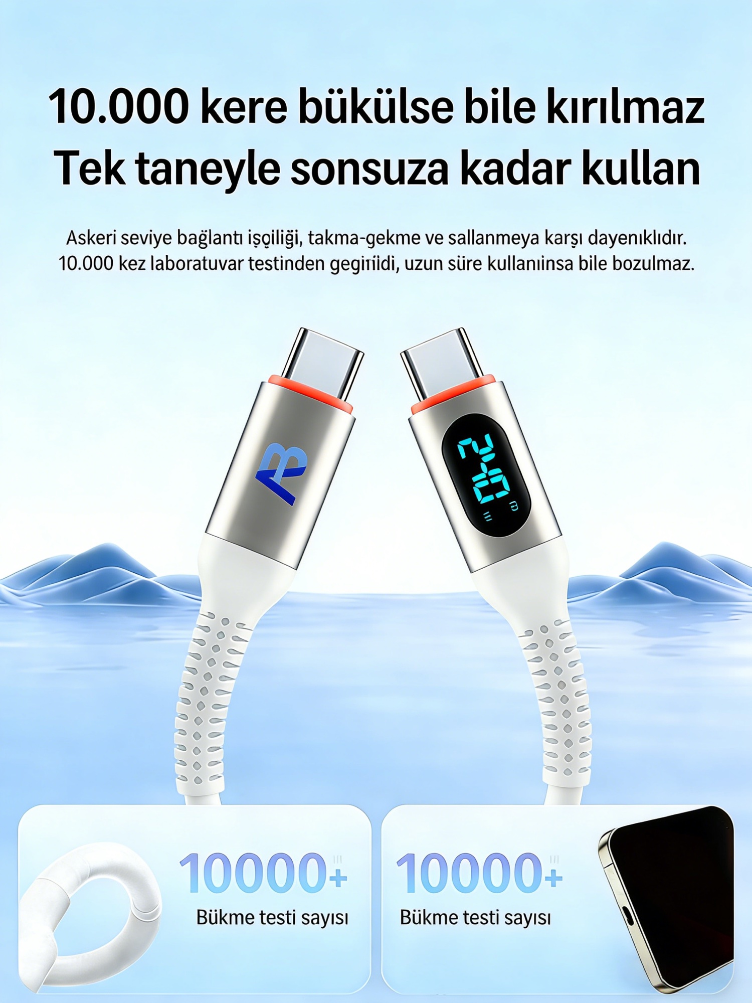 240W Ekranlı USB-C Hızlı Şarj ve Data Kablosu, Sıvı Silikon, 20cm Siyah - 6
