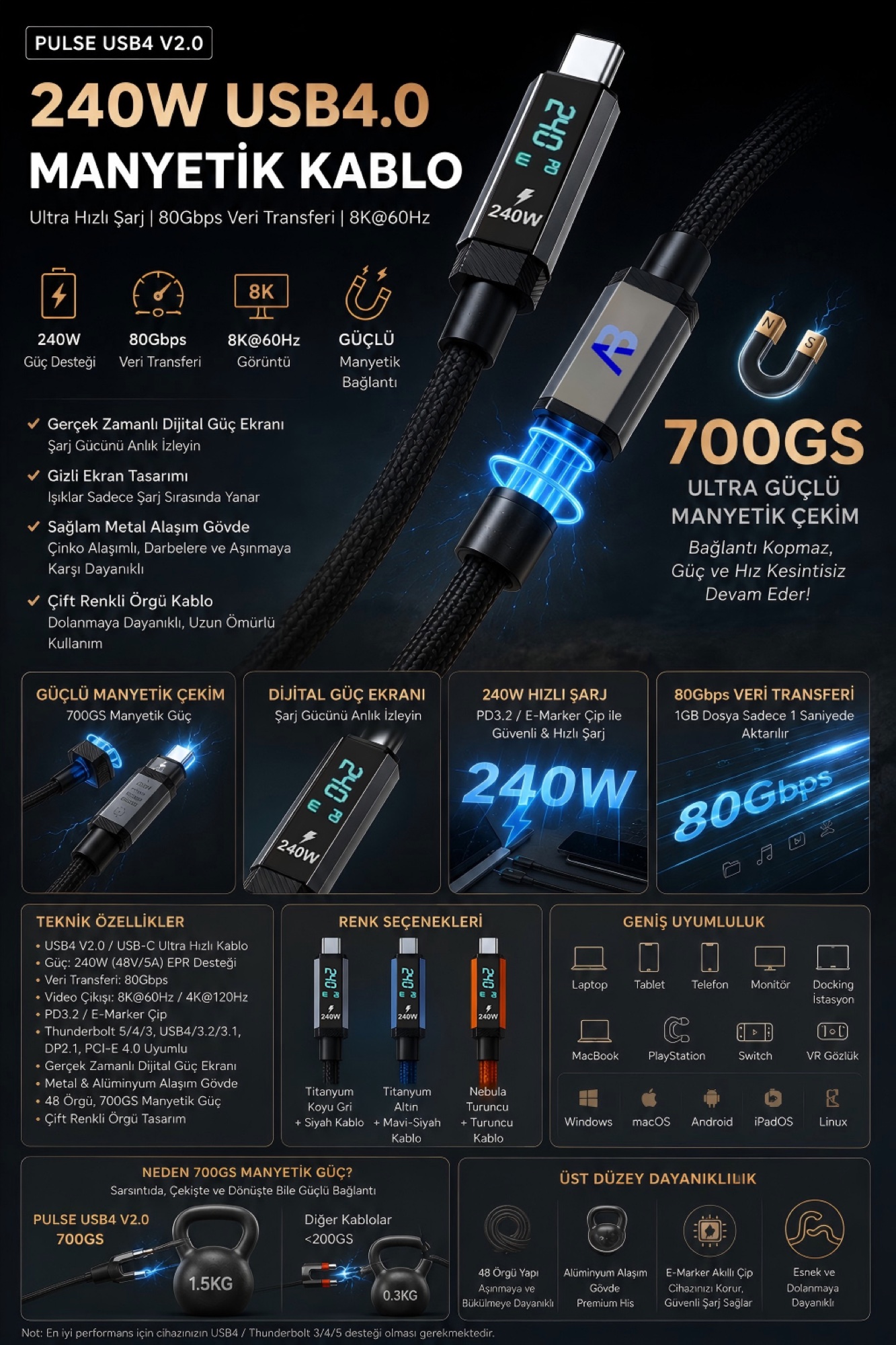 USB4 V2.0 Manyetik Kablo 240W / 80Gbps Dijital Ekranlı Örgülü USB-C, 150cm Siyah - 4