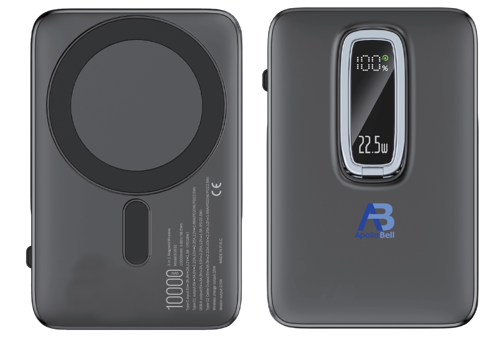 10.000mAh Manyetik Kablosuz Powerbank 22,5W, iWatch Şarjlı, Siyah