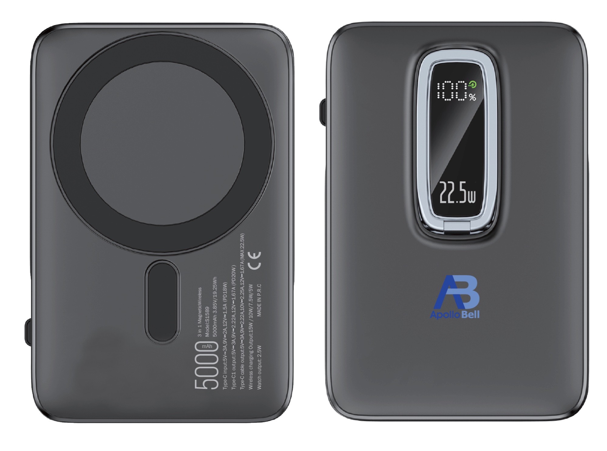 5.000mAh Manyetik Kablosuz Powerbank 22,5W, Standlı, Siyah