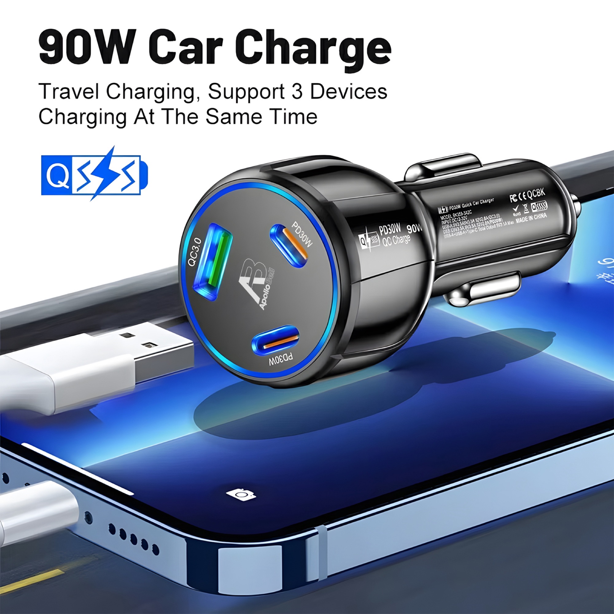 90W 3 Portlu Araç Şarj Cihazı, QC3.0 USB-A + 2x 30W USB-C PD, Sarı - 4