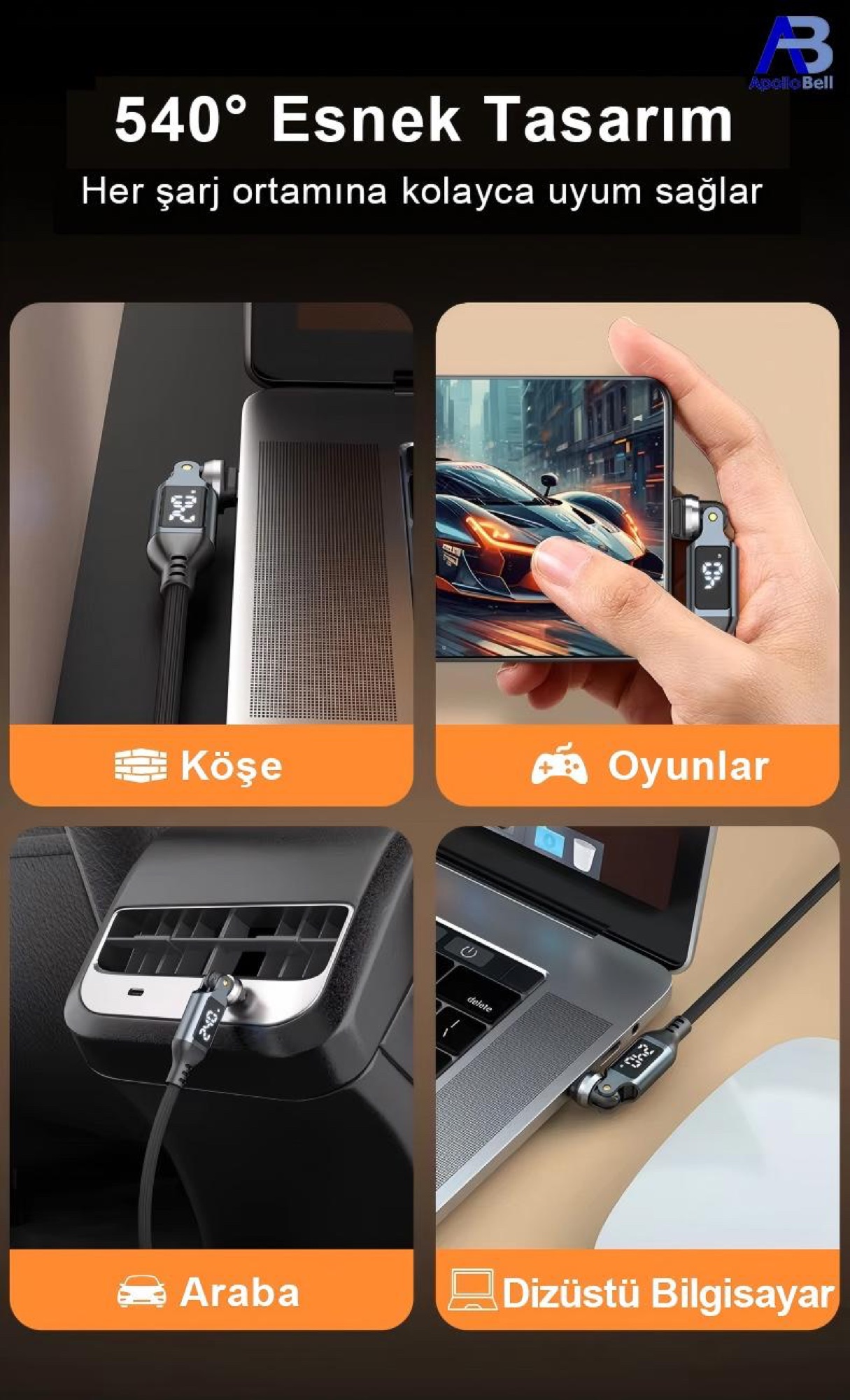 240W Dijital Ekranlı 540° Dönebilen USB-C Kablo, 100cm Siyah - 5