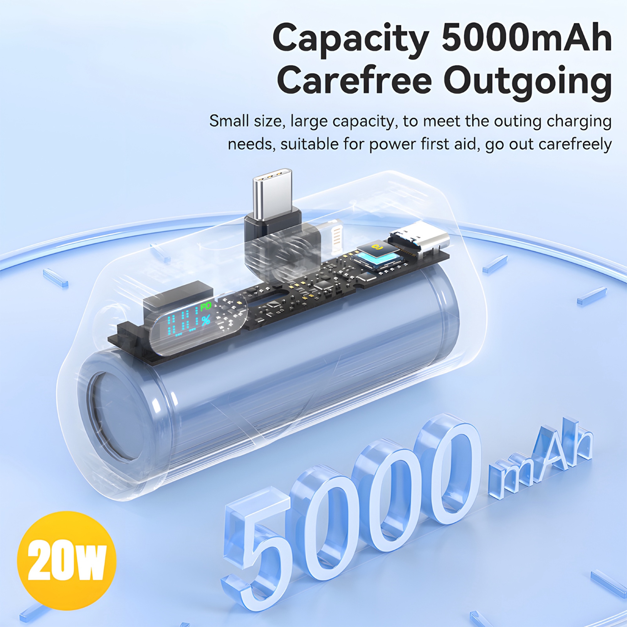 5.000mAh Mini Powerbank, USB-C & Lightning Çift Çıkışlı, Dijital Ekran, Siyah - 3